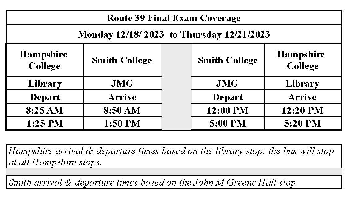 PVTA Finals Bus Schedule Fall 2023 FCI